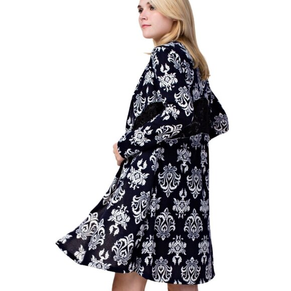 VOCAL Navy & White Damask Print Cardigan Sweater S-XL‎ NWT - Picture 4 of 12